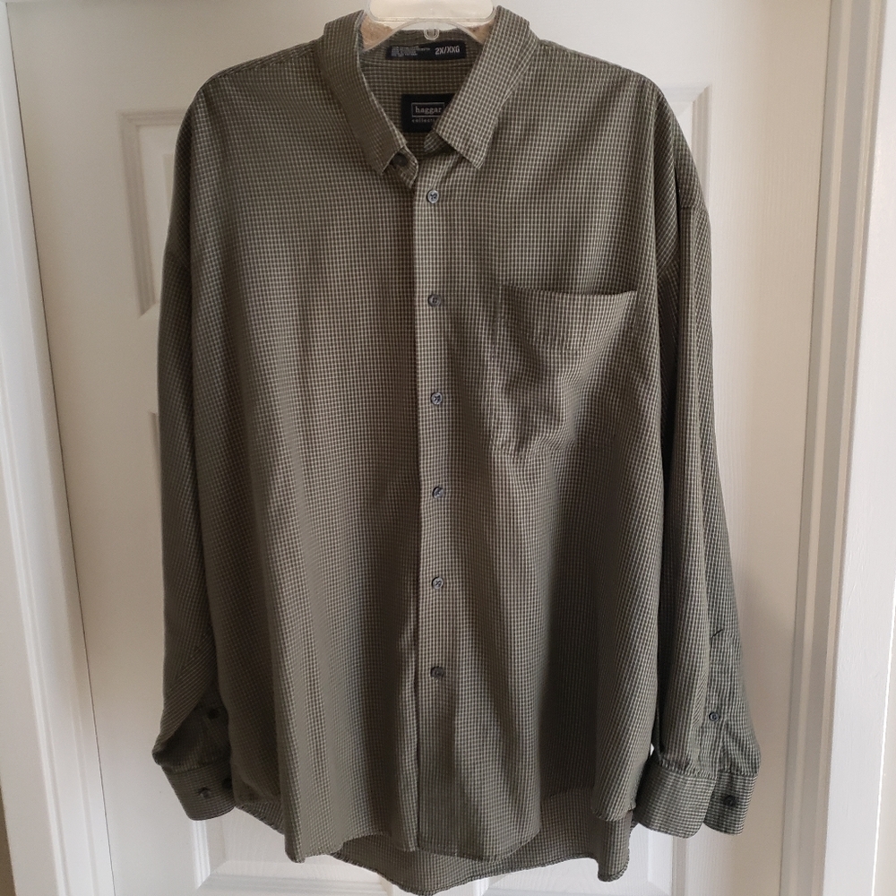Haggar Collections Men's Olive Green Plaid Button Down Shirt - Size 2X EUC